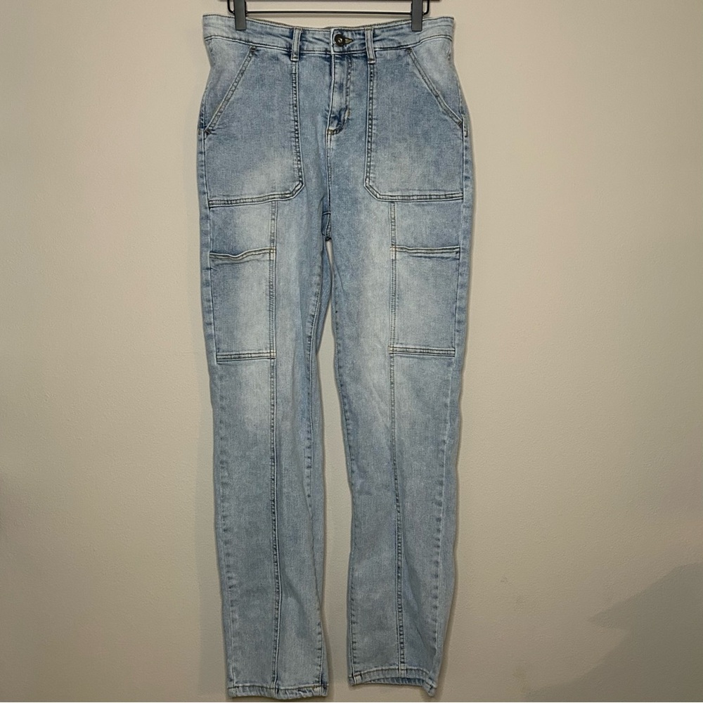 INC International Concepts Light Blue High-Rise Cargo Straight Jeans